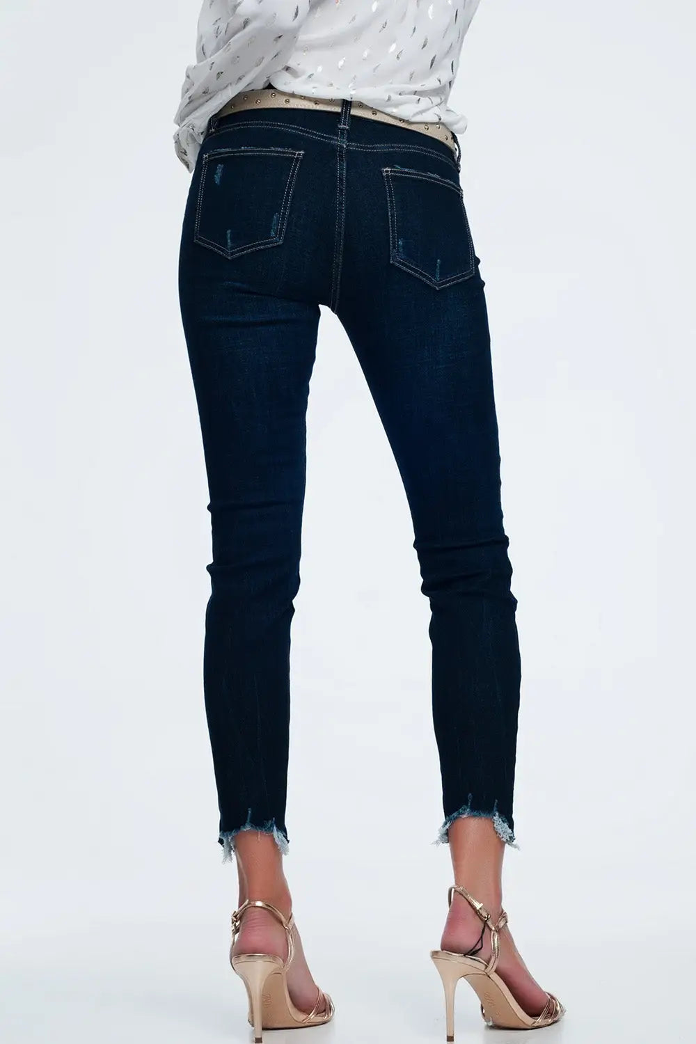 Jean taille mi-haute bleu vif délavé à ourlet brut - Pantalons