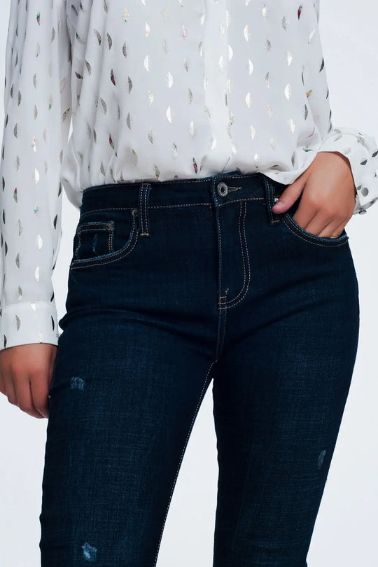 Jean taille mi-haute bleu vif délavé à ourlet brut - Pantalons