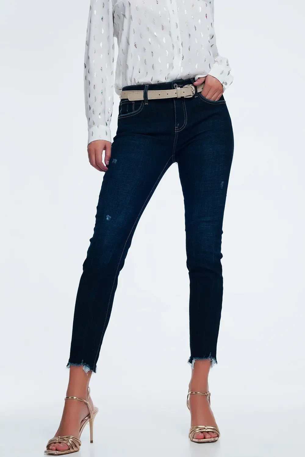 Jean taille mi-haute bleu vif délavé à ourlet brut - Pantalons