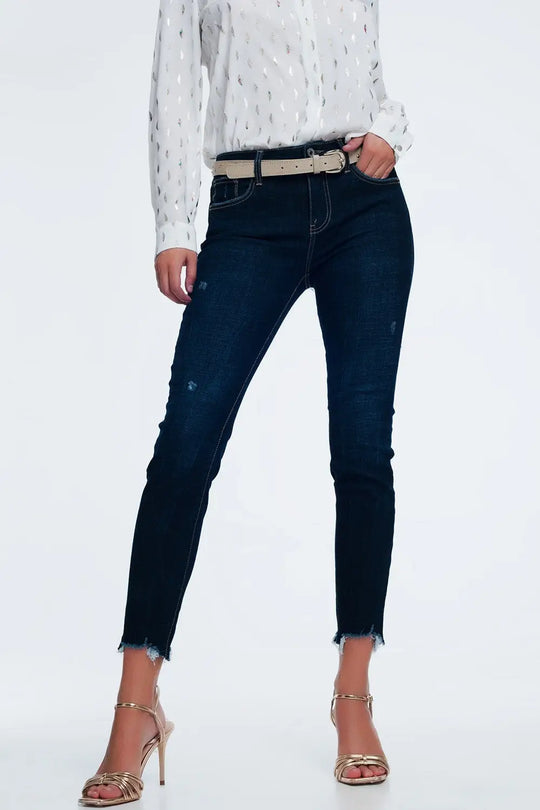 Jean taille mi-haute bleu vif délavé à ourlet brut - Pantalons
