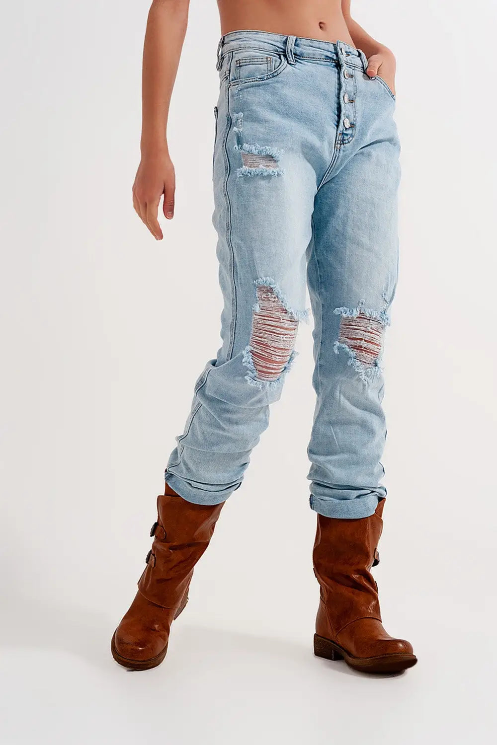 Jean troué droit boutonné effet vieilli bleu clair - Pantalons