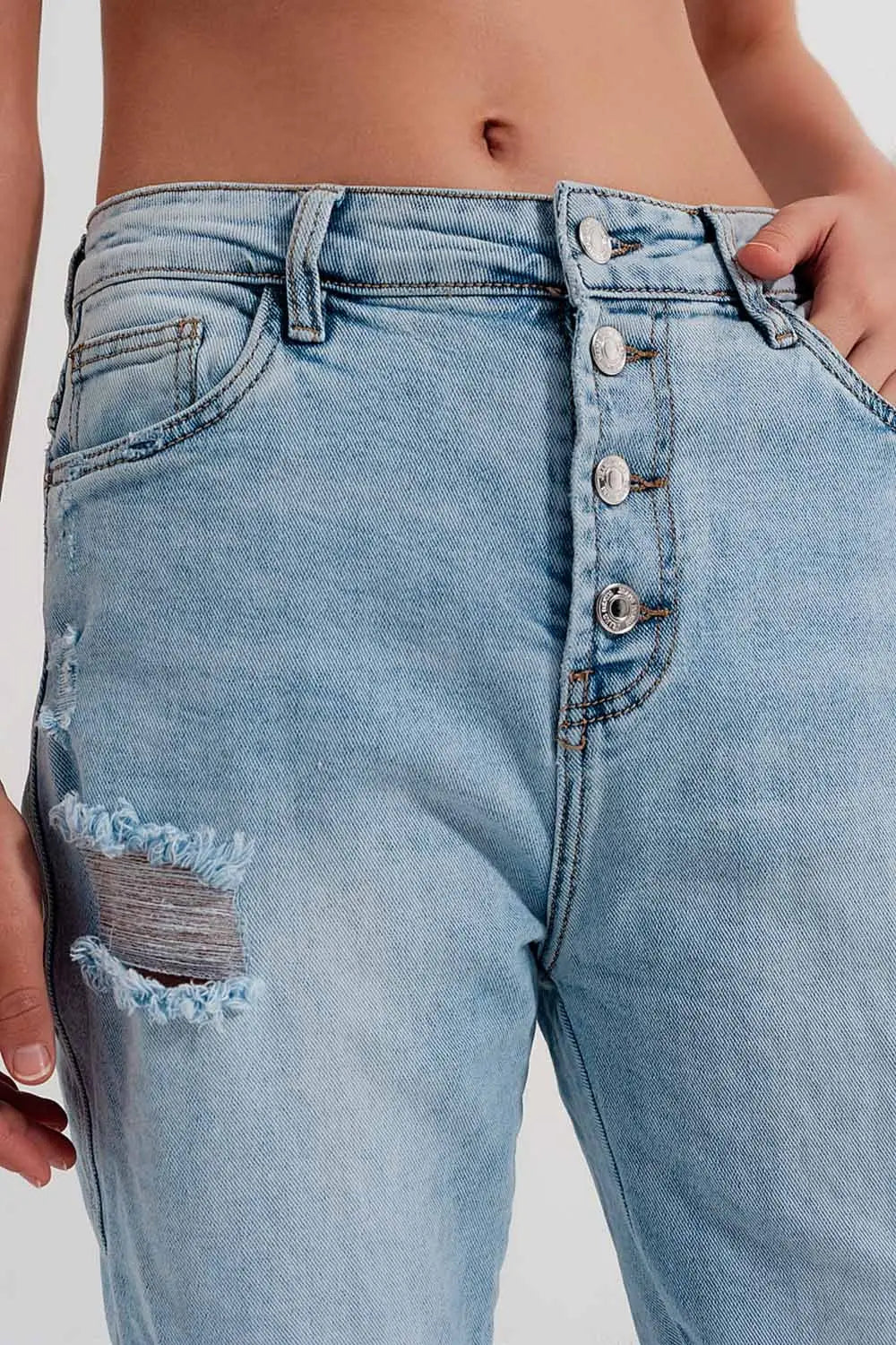 Jean troué droit boutonné effet vieilli bleu clair - Pantalons