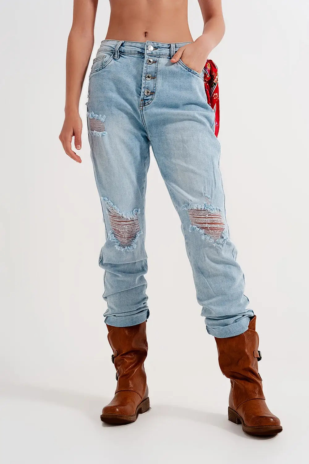 Jean troué droit boutonné effet vieilli bleu clair - Pantalons