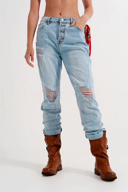 Jean troué droit boutonné effet vieilli bleu clair - Pantalons