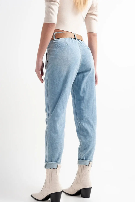 Jean with double waistband in blue with rips - Jeans