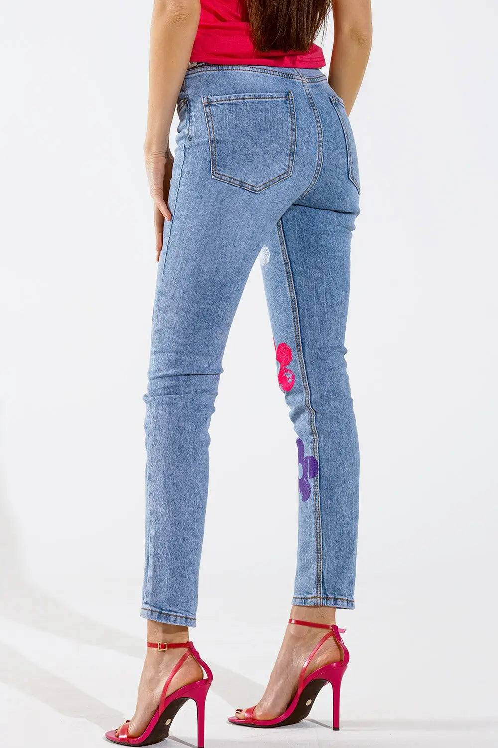 Jeans 5 poches skinny avec fleurs - Pantalons