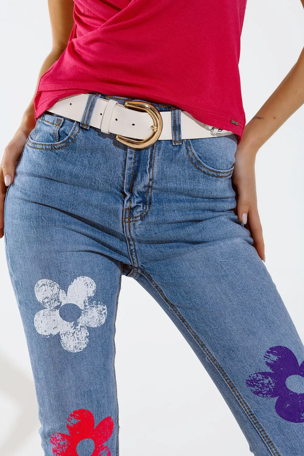 Jeans 5 poches skinny avec fleurs - Pantalons