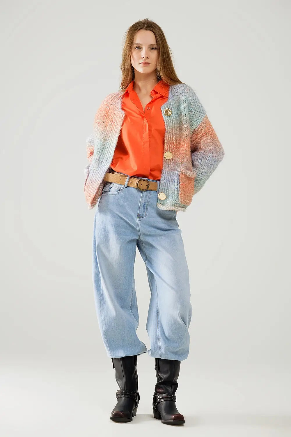 Jeans à jambe bulle en denim bleu clair avec taille haute - Pantalons