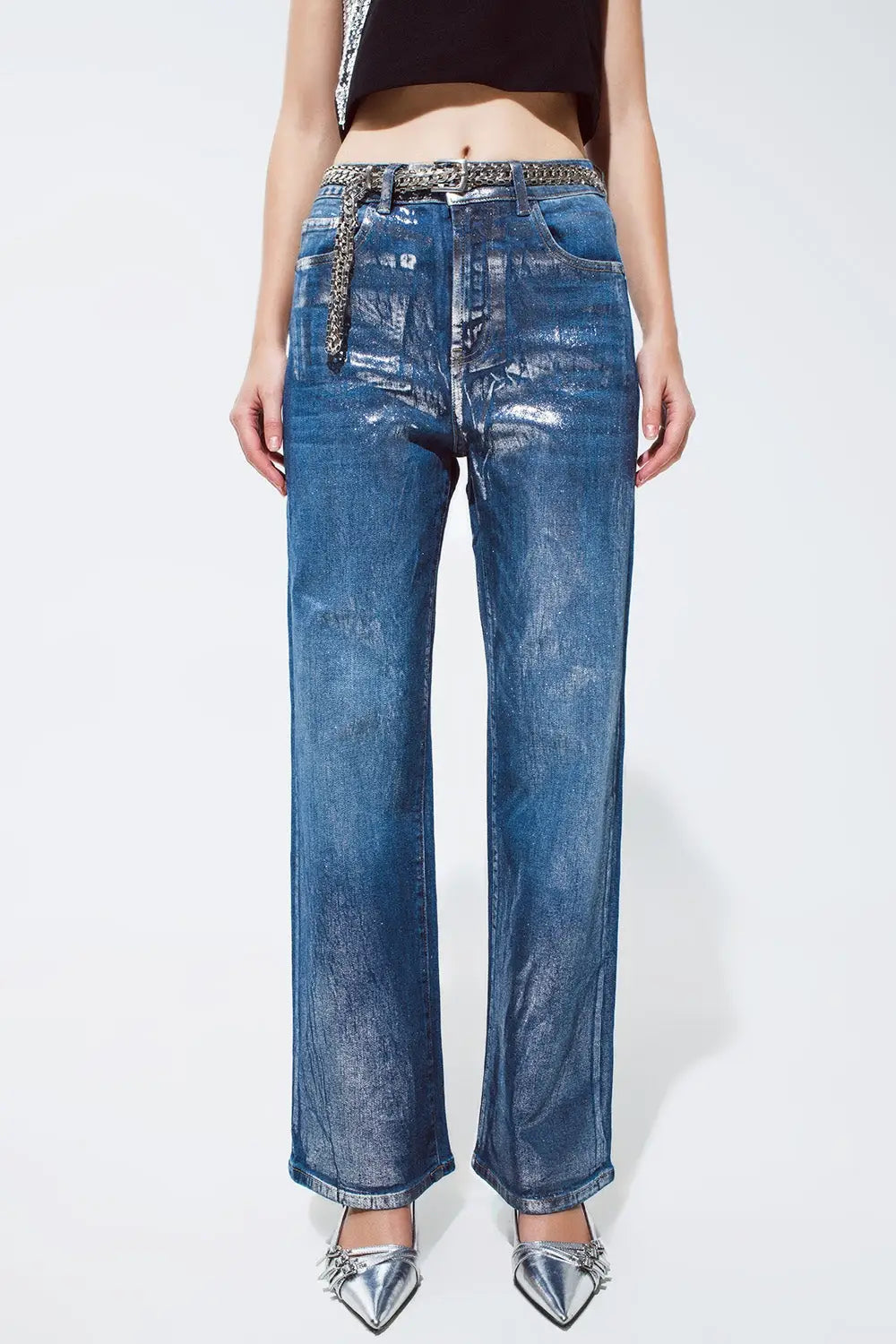 Jeans à jambe droite avec une finition métallique argentée - Pantalons