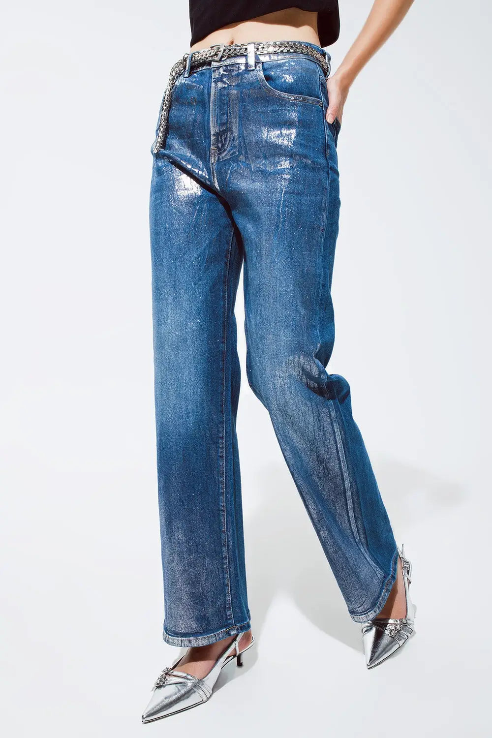 Jeans à jambe droite avec une finition métallique argentée - Pantalons