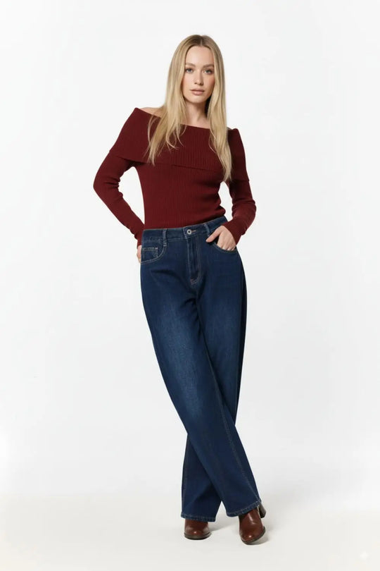 Jeans à jambe large avec fléchettes latérales en bleu profond - Pantalons