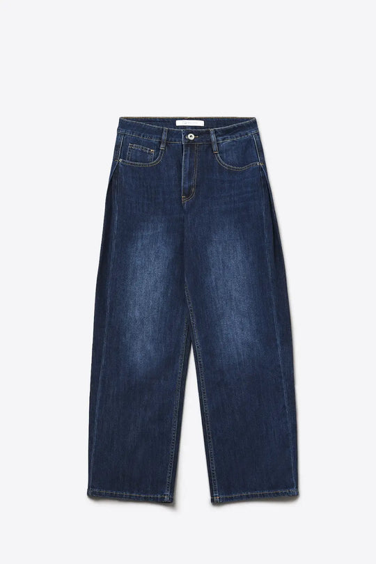 Jeans à jambe large avec fléchettes latérales en bleu profond - Pantalons