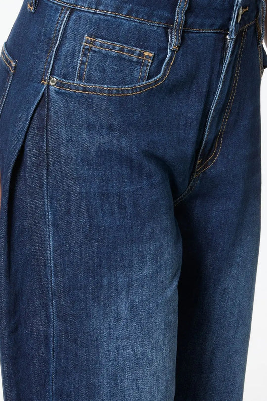 Jeans à jambe large avec fléchettes latérales en bleu profond - Pantalons