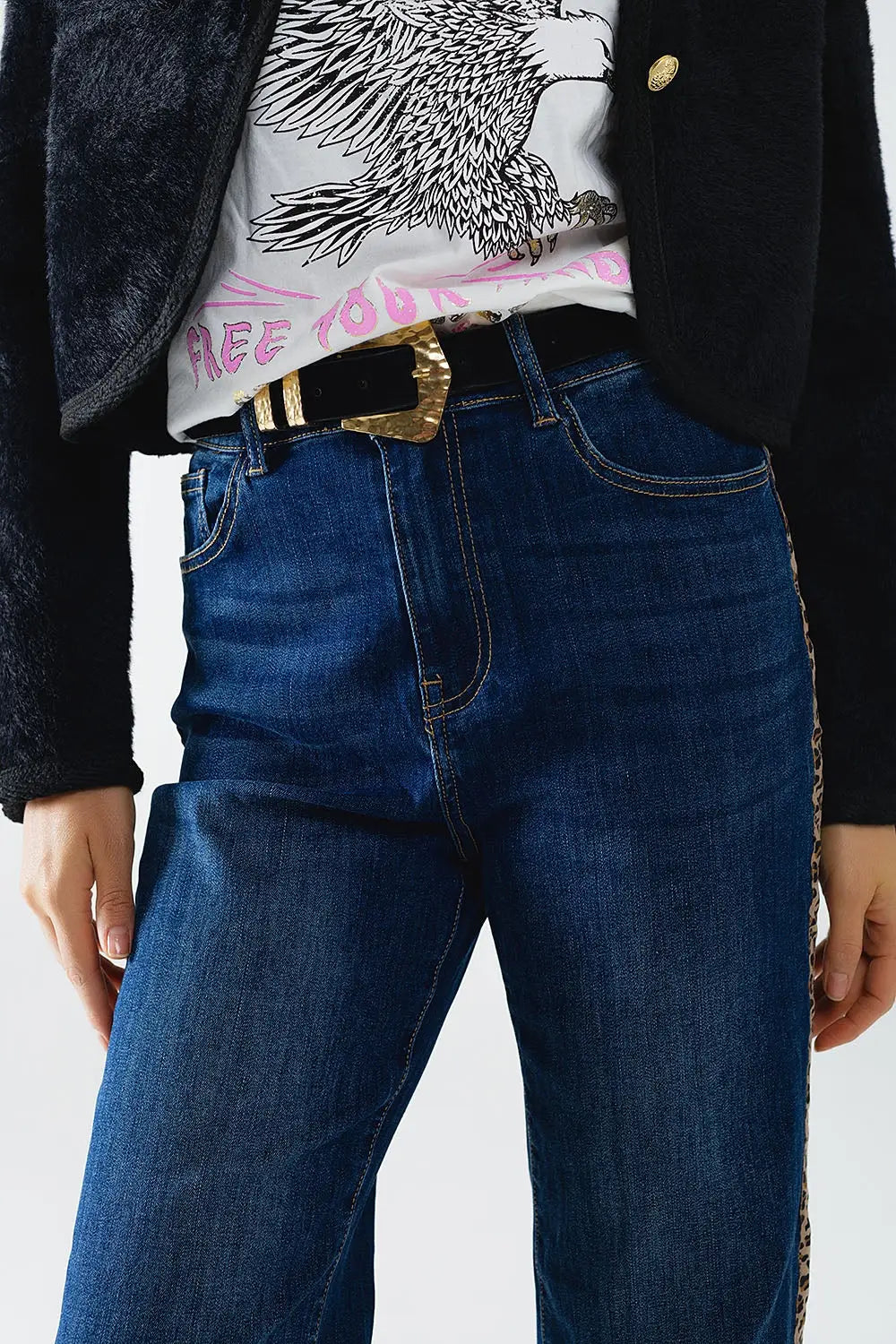 Jeans à jambe large avec rayures léopard sur le côté - Pantalons