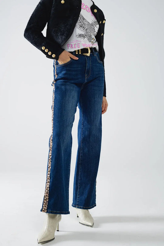 Jeans à jambe large avec rayures léopard sur le côté - Pantalons