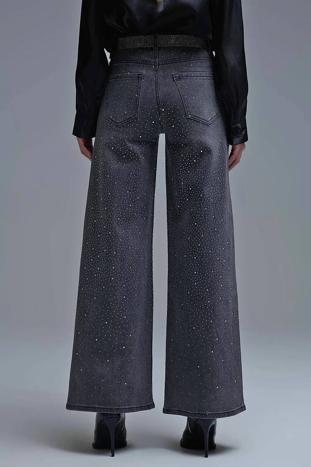 Jeans à jambe large avec strass noir - Pantalons