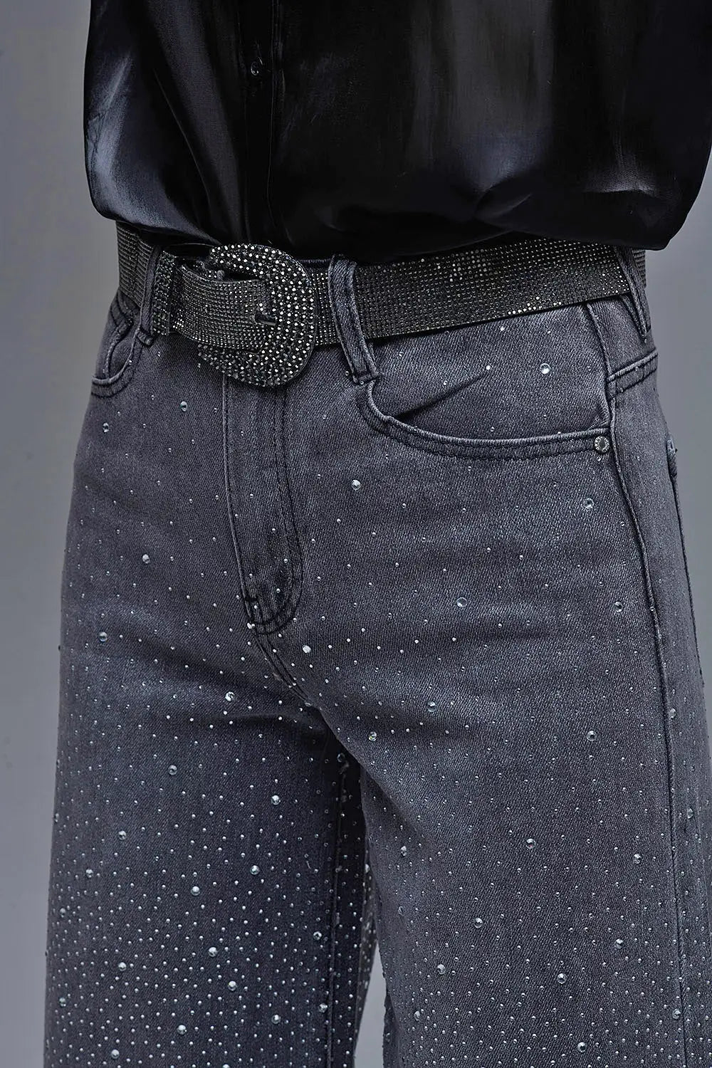 Jeans à jambe large avec strass noir - Pantalons