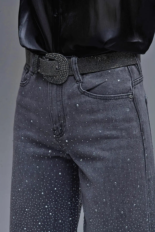 Jeans à jambe large avec strass noir - Pantalons