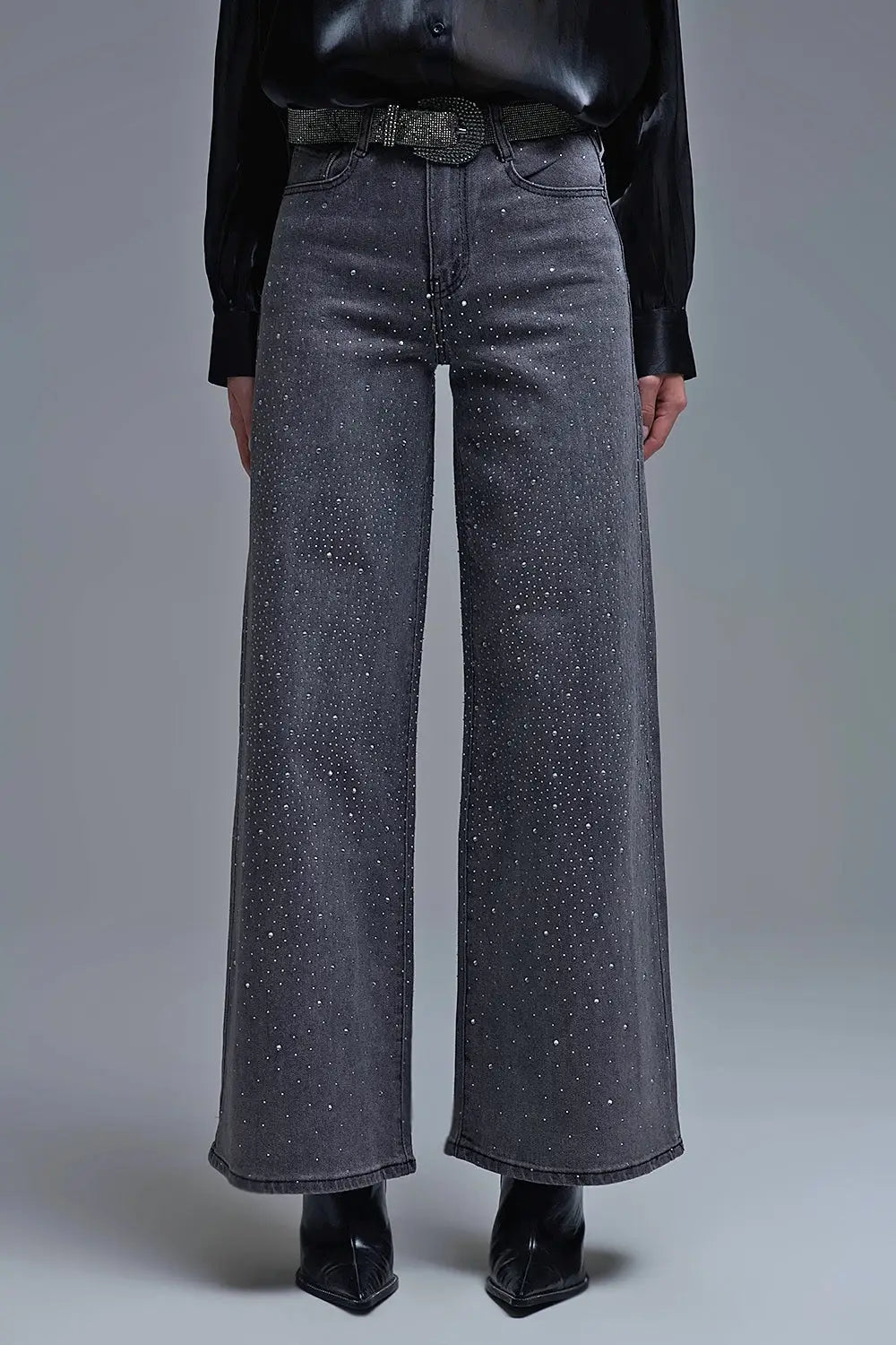 Q2 Jeans à jambe large avec strass noir