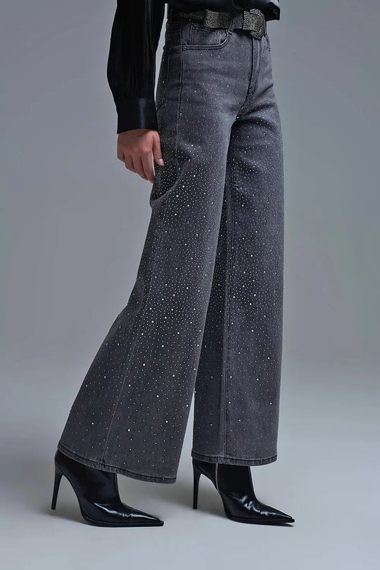 Jeans à jambe large avec strass noir - Pantalons
