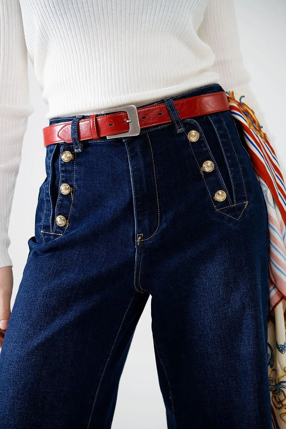 Jeans à jambe large de style marin avec boutons dorés - Pantalons