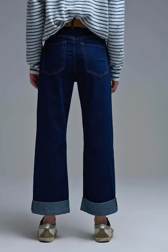 Jeans à taille haute bleu foncé à jambe large et ourlets repliés - Pantalons