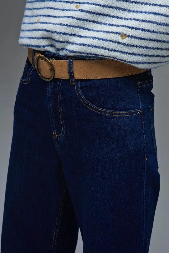 Jeans à taille haute bleu foncé à jambe large et ourlets repliés - Pantalons
