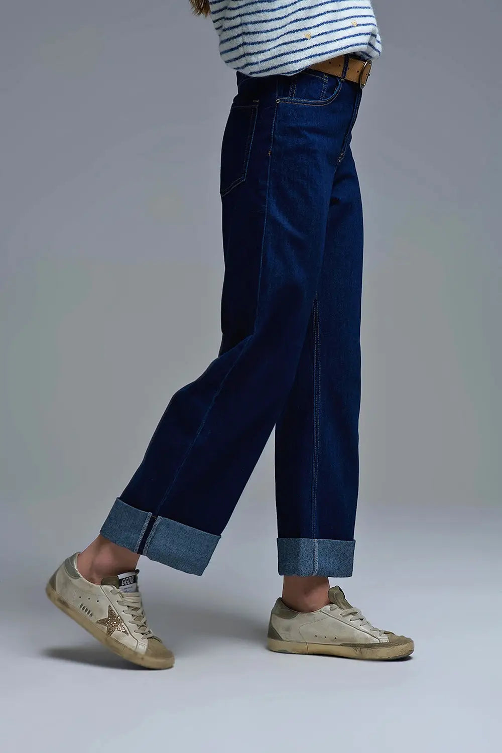 Jeans à taille haute bleu foncé à jambe large et ourlets repliés - Pantalons