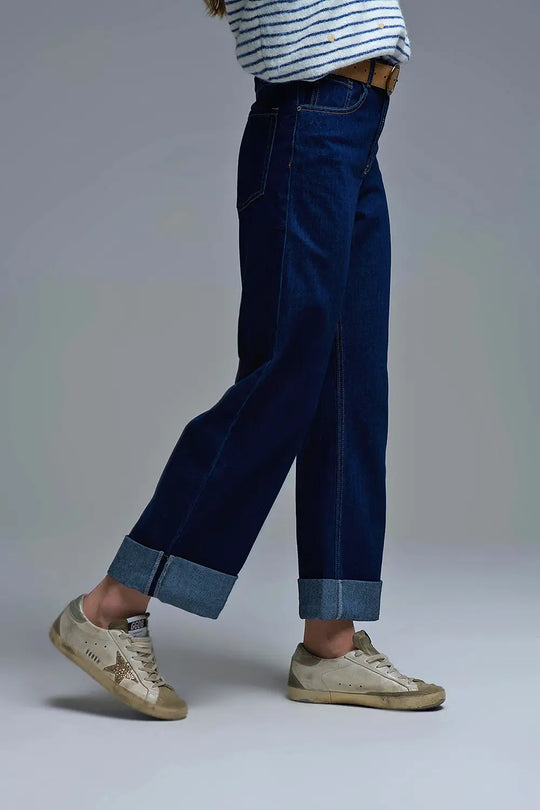 Jeans à taille haute bleu foncé à jambe large et ourlets repliés - Pantalons