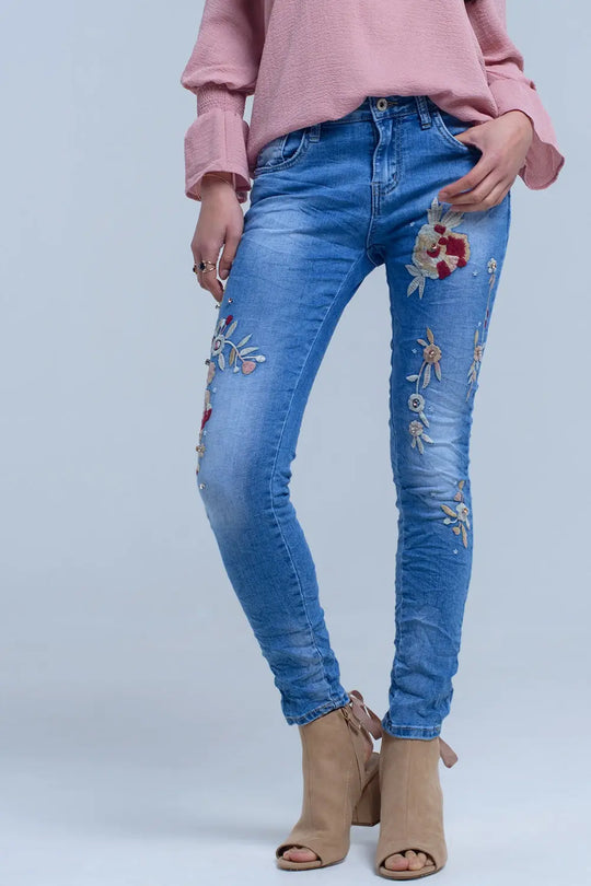Jeans avec broderie florale - Pantalons