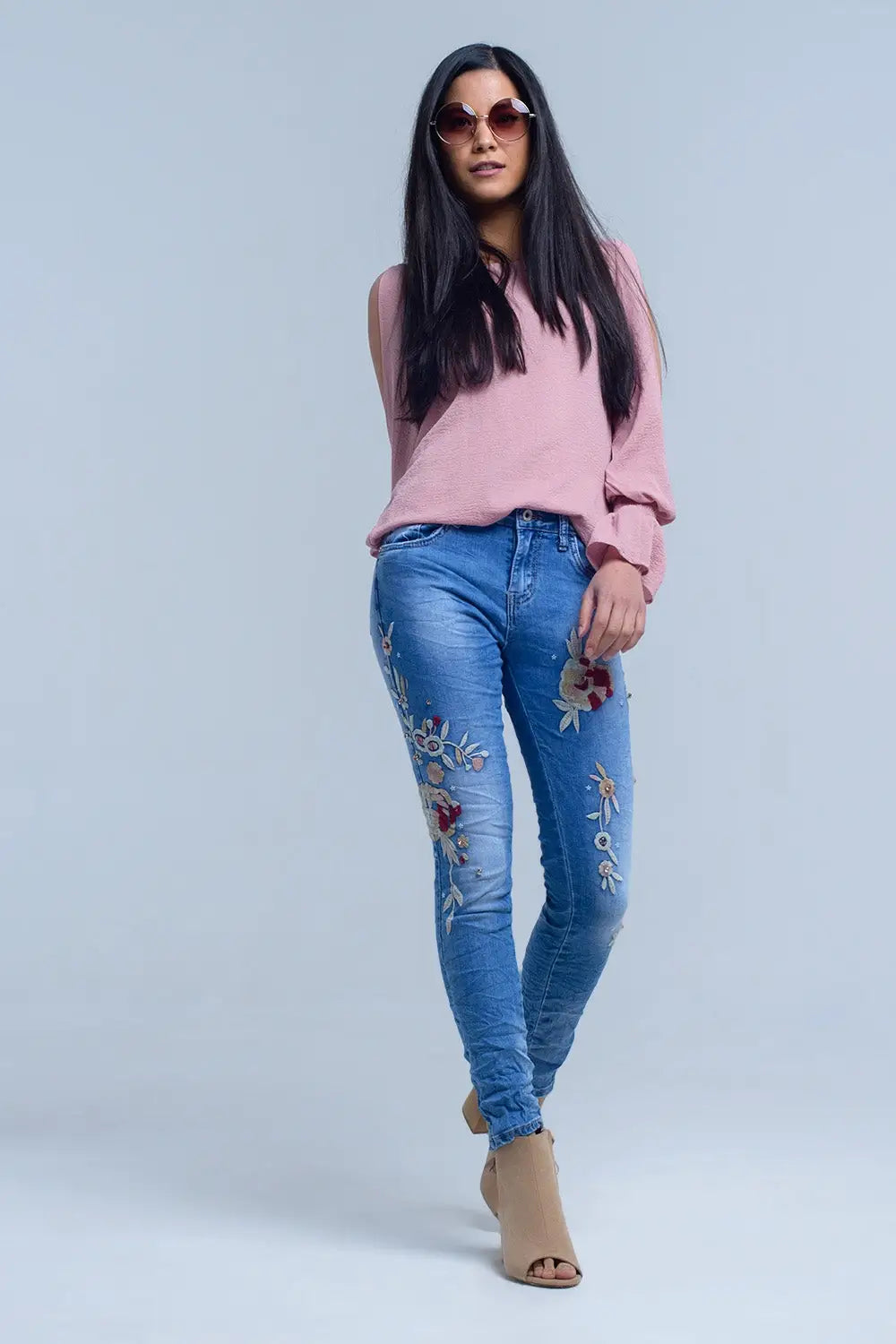 Jeans avec broderie florale - Pantalons