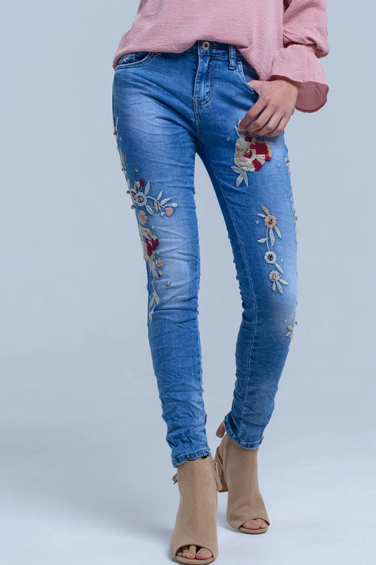 Jeans avec broderie florale - Pantalons