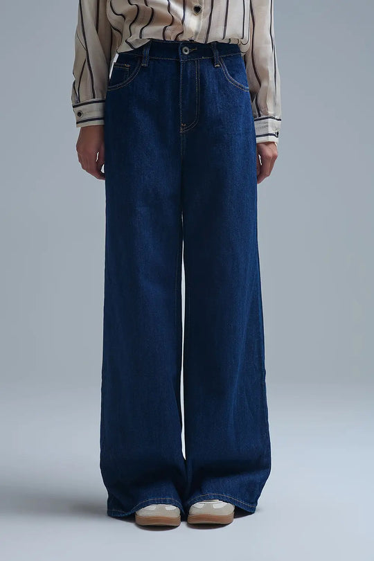 Q2 Jeans baggy à jambe droite bleu foncé tendance