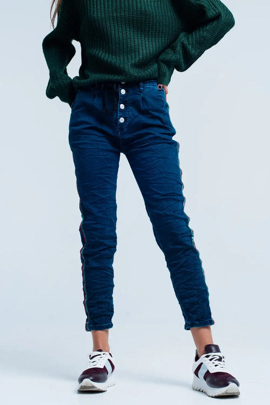 Jeans baggy bleus avec bande de côté - Pantalons