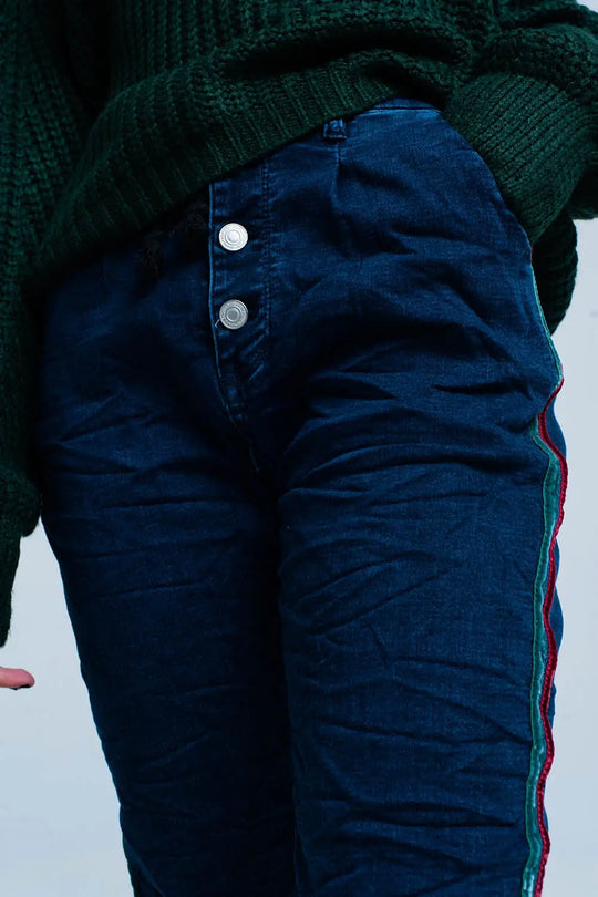 Jeans baggy bleus avec bande de côté - Pantalons