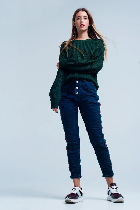 Jeans baggy bleus avec bande de côté - Pantalons