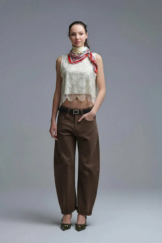 Jeans ballon Barrel marron tendance avec poches - Pantalons
