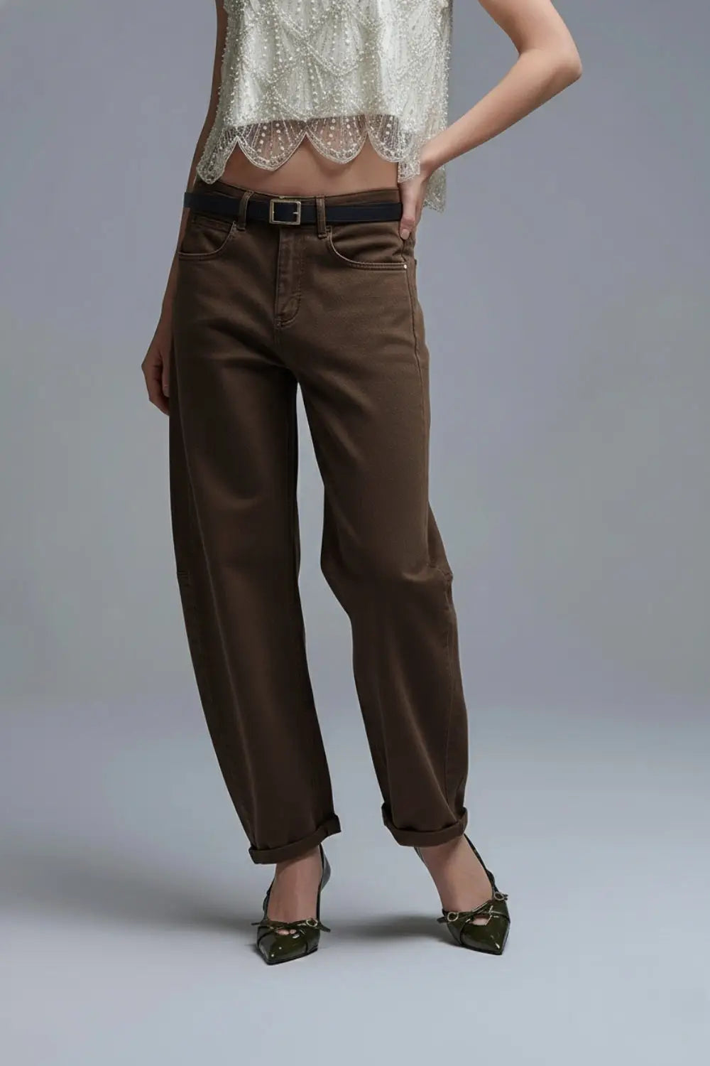 Q2 Jeans ballon Barrel marron tendance avec poches