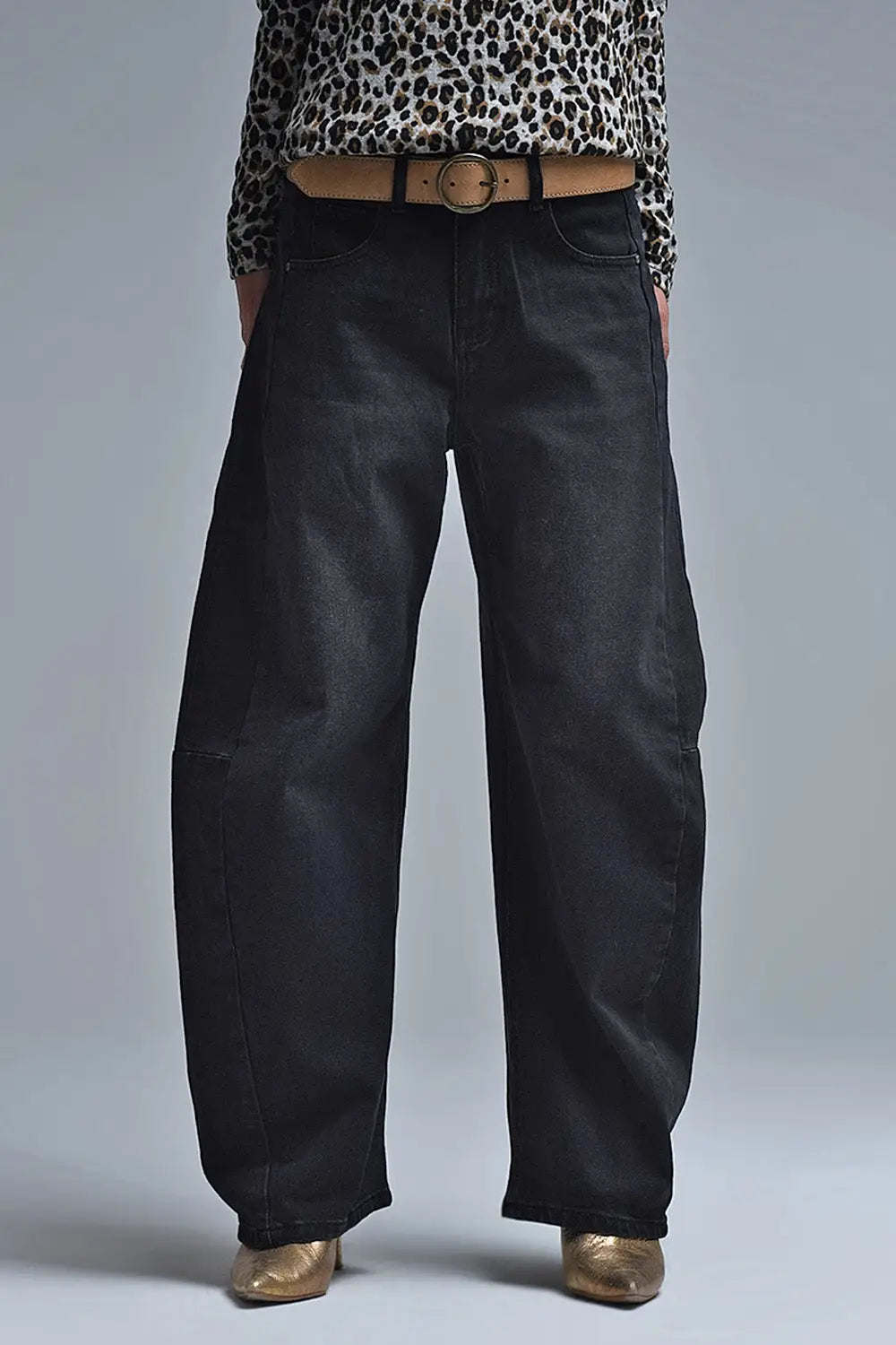 Q2 Jeans Barrel noir avec coutures latérales