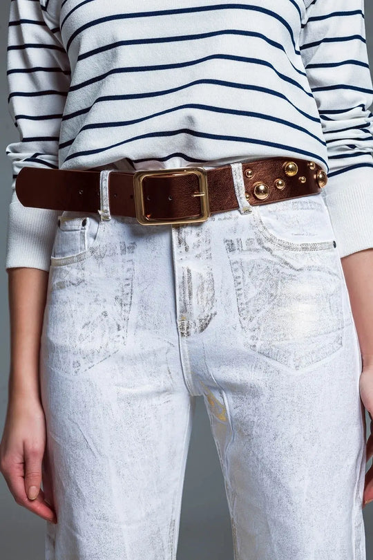 Jeans blanc à jambe large avec finition métallique en or - Pantalons