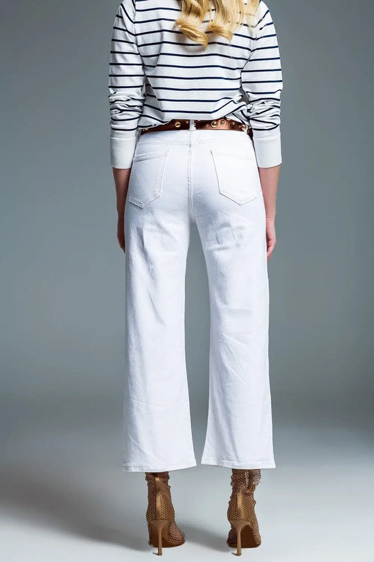 Jeans blanc à jambe large avec finition métallique en or - Pantalons
