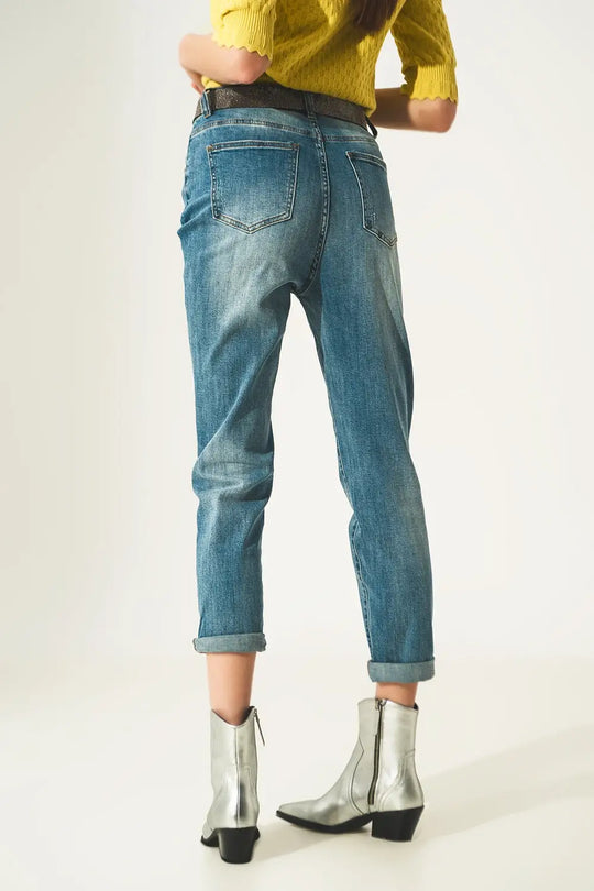 Jeans bleu clair look usé avec coupe droite - Pantalons