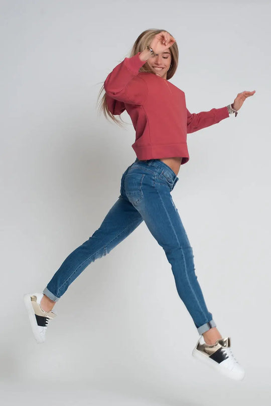 Jeans bleu du boyfriend en détresse - Pantalons
