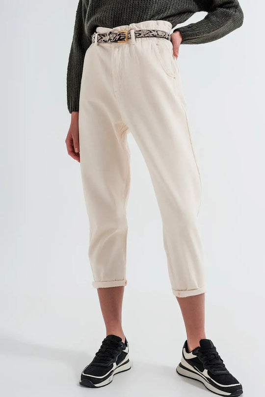 Jeans droit à taille haute paperbag Crème - Pantalons