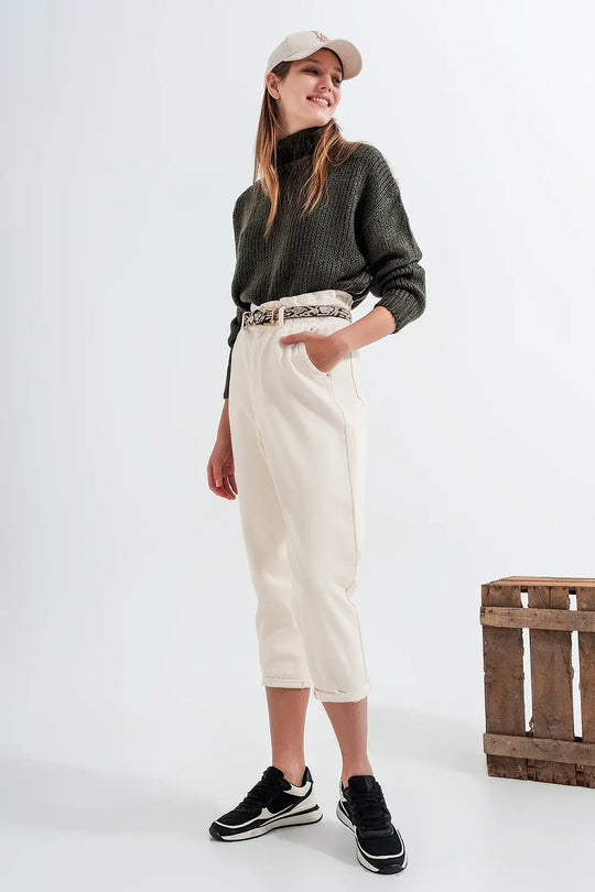 Jeans droit à taille haute paperbag Crème - Pantalons