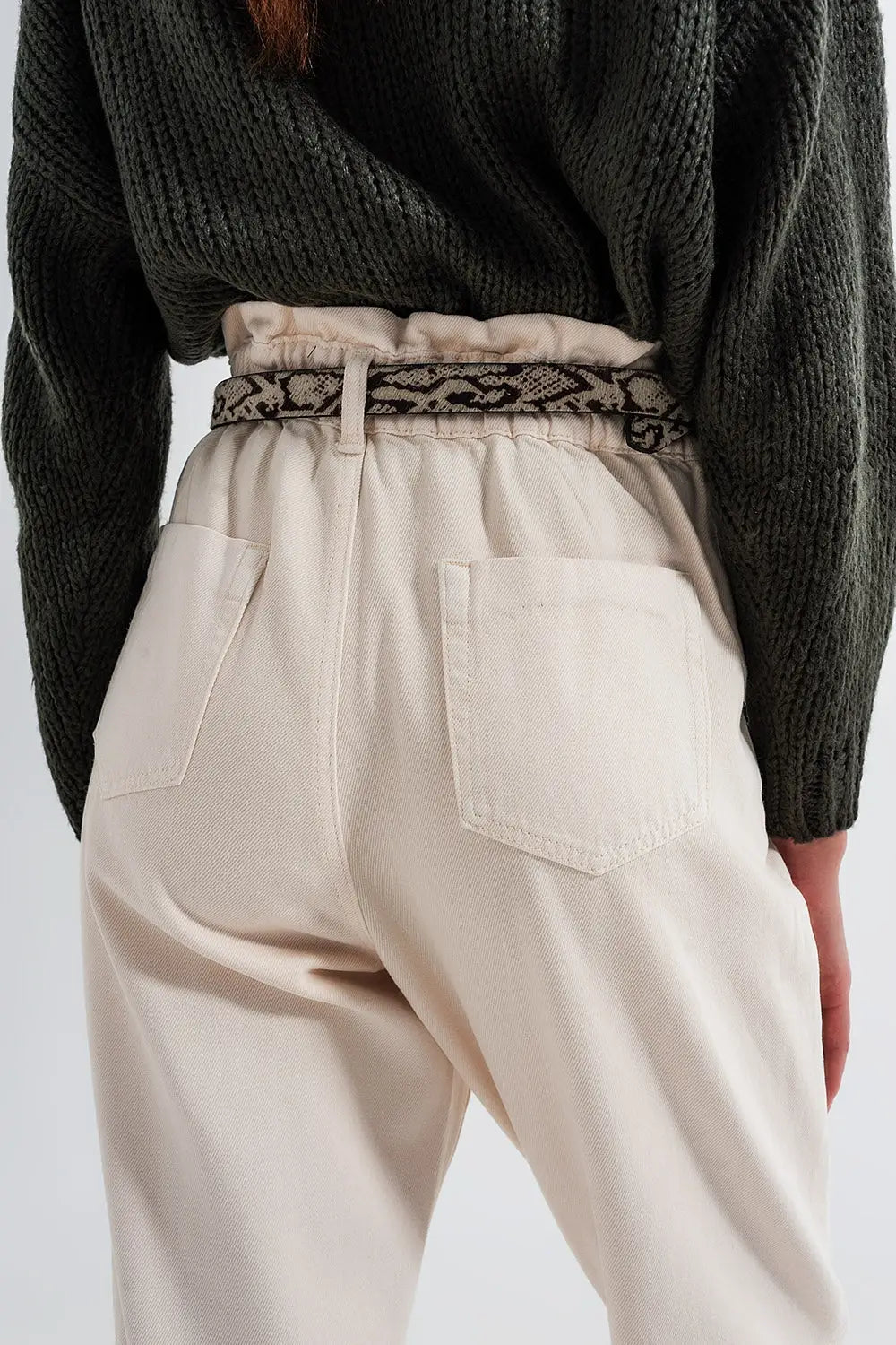Jeans droit à taille haute paperbag Crème - Pantalons