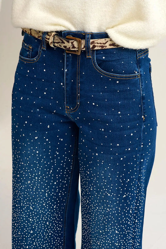 Jeans en denim à jambe large avec détails en strass sur le devant - Pantalons