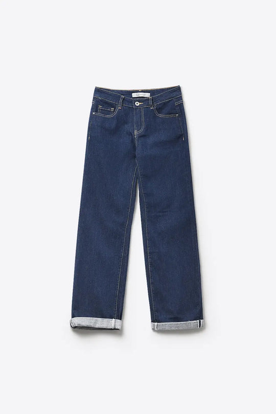 Jeans en denim à jambe large et ourlet à revers délavé foncé - Pantalons