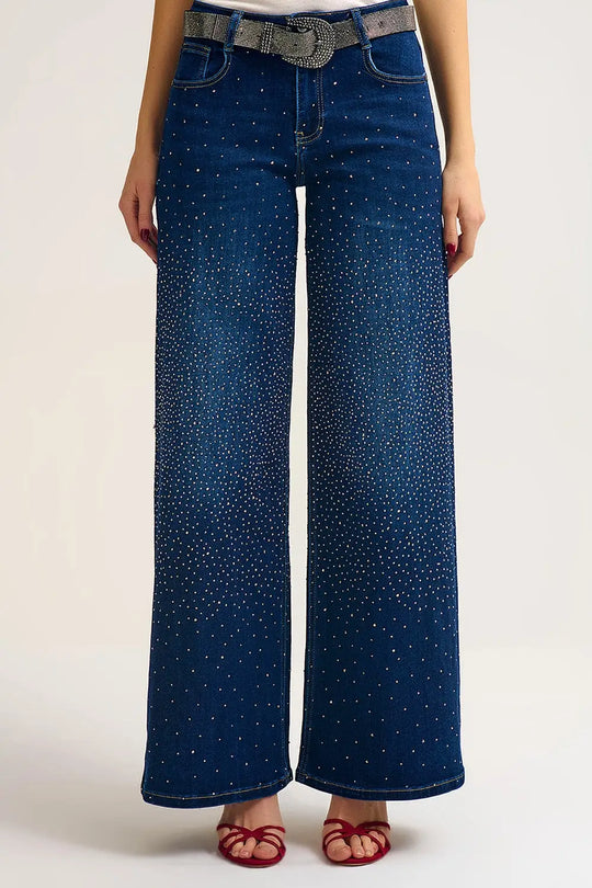 Q2 Jeans en denim à jambe large ornés de strass sur le devant et le dos