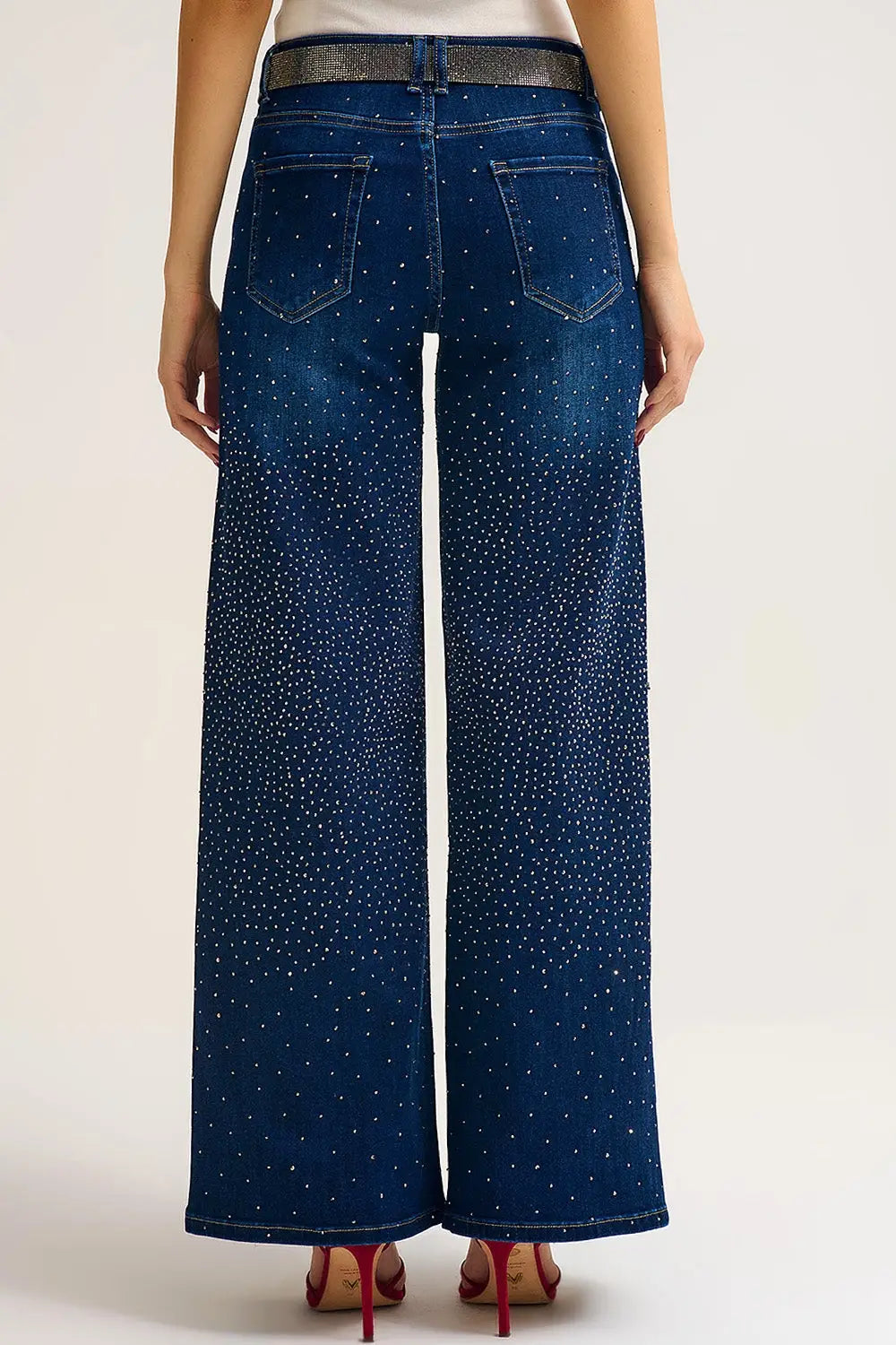 Jeans en denim à jambe large ornés de strass sur le devant et le dos - Pantalons